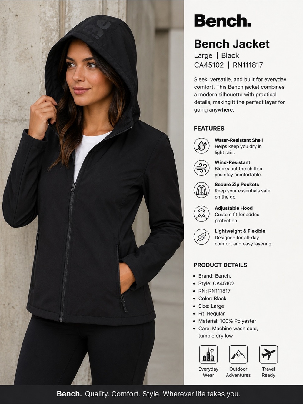 Bench Black Hooded Jacket with Zipper Pockets